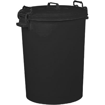 Neat. Black 110 L Plastic Dustbin, Large Heavy-Duty Weather Resistant and Food Grade Trash Can Garbage Bin With 2 Clip Locking Lid for Indoor Outdoor Storage Container of Animal Feed