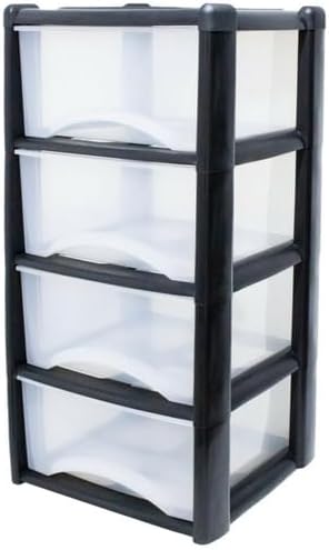 4 Plastic Drawers Storage Unit Tower (Silver Frame/Clear Draws)