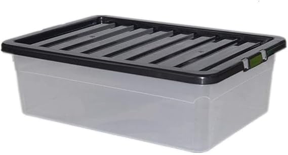 Neat. 32L Clear Plastic Storage Boxes with Black Lids – Stackable, Durable, Ideal for Clothing, Paperwork, and Household Items, 60 x 40 x 17 cm