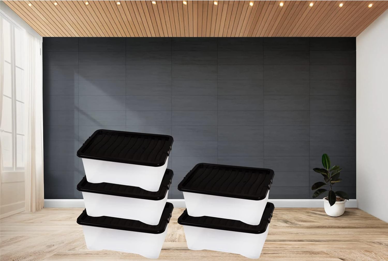 Clear Storage Boxes with Black Lids FXDM 45L - Pack of 5