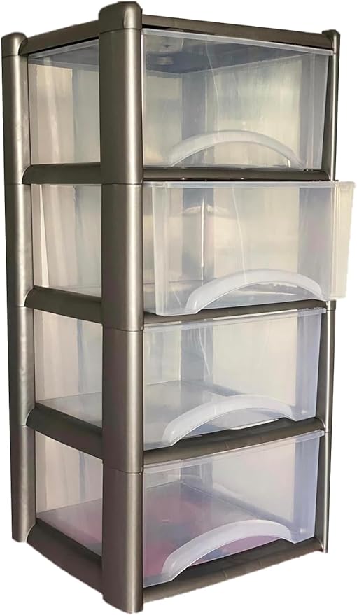 4 Plastic Drawers Storage Unit Tower (Silver Frame/Clear Draws)