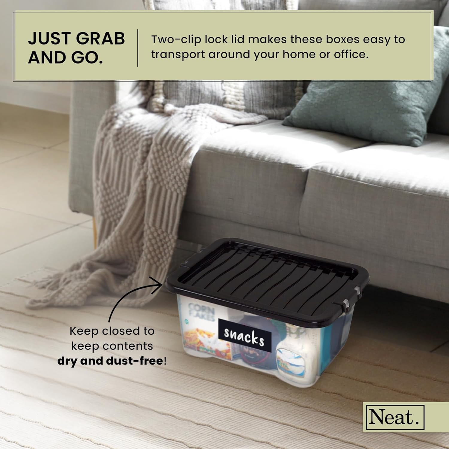 Heavy Duty Storage Box, Clear Base, Black Lid Pack of 2