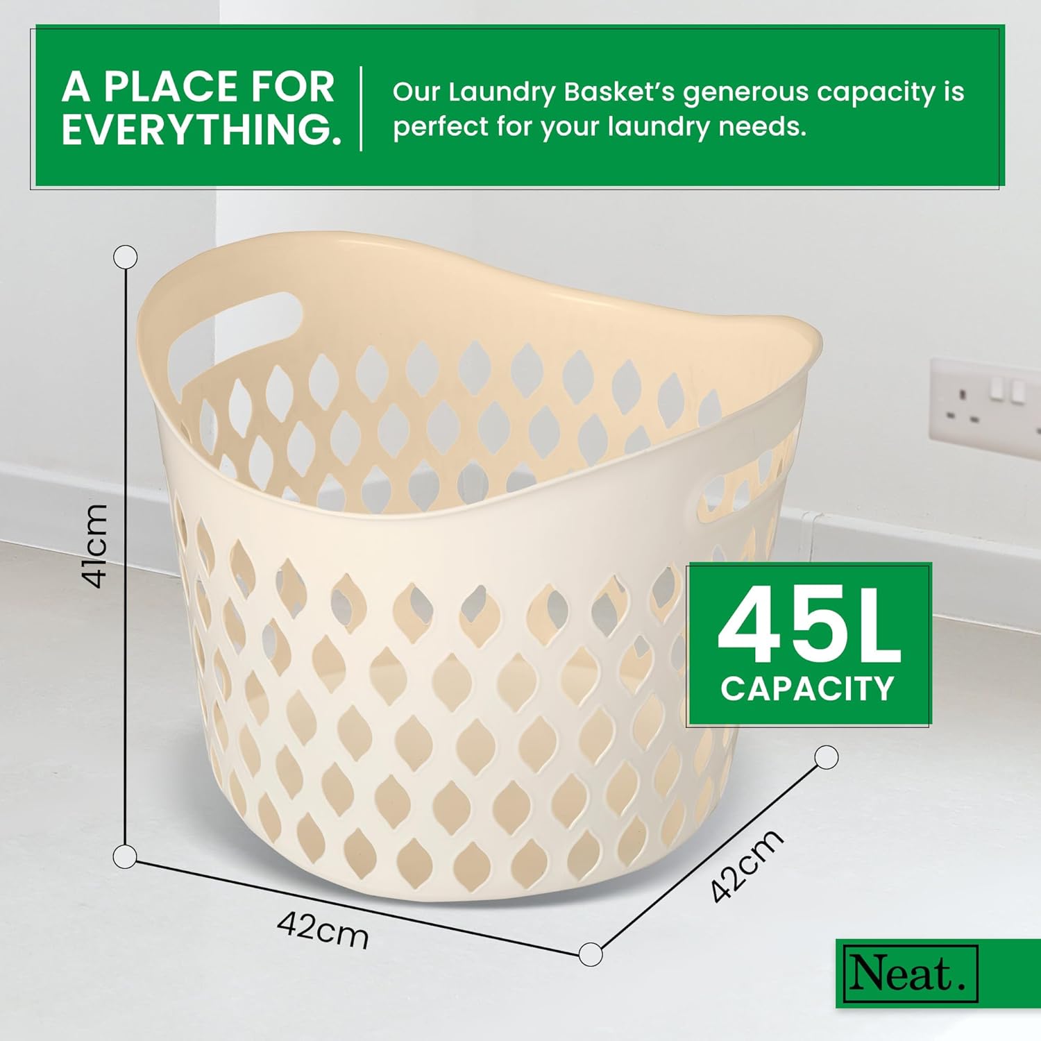 Neat. 45L Litre Plastic Round Laundry Basket For Washing Clothes Pack of 2 - High Grade Linen Storage Bin Tidy Bathroom Storage Baskets Organiser, Washing Baskets For Laundry Room, Kids Nursery (Grey)