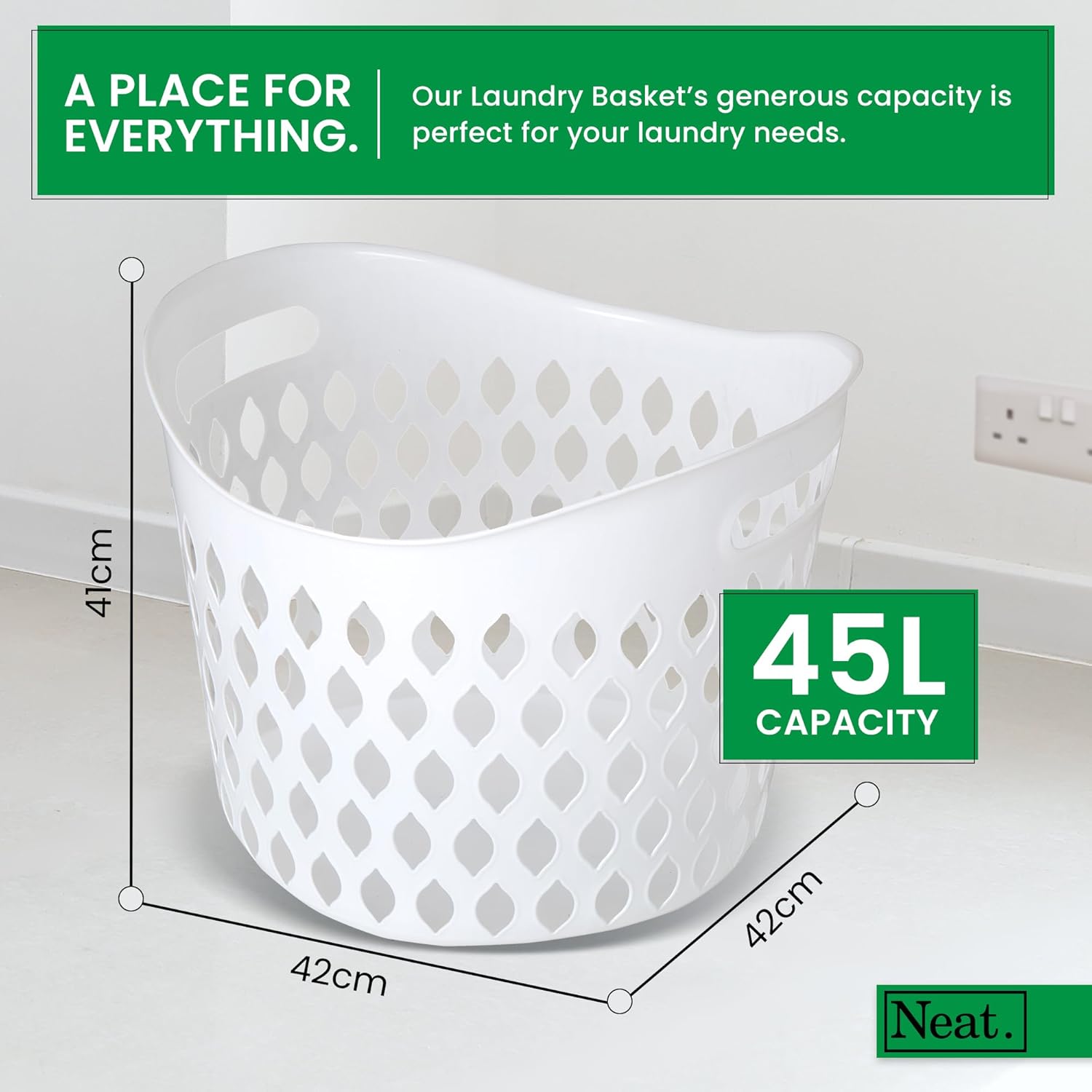 Neat. 45L Litre Plastic Round Laundry Basket For Washing Clothes Pack of 2 - High Grade Linen Storage Bin Tidy Bathroom Storage Baskets Organiser, Washing Baskets For Laundry Room, Kids Nursery (Grey)