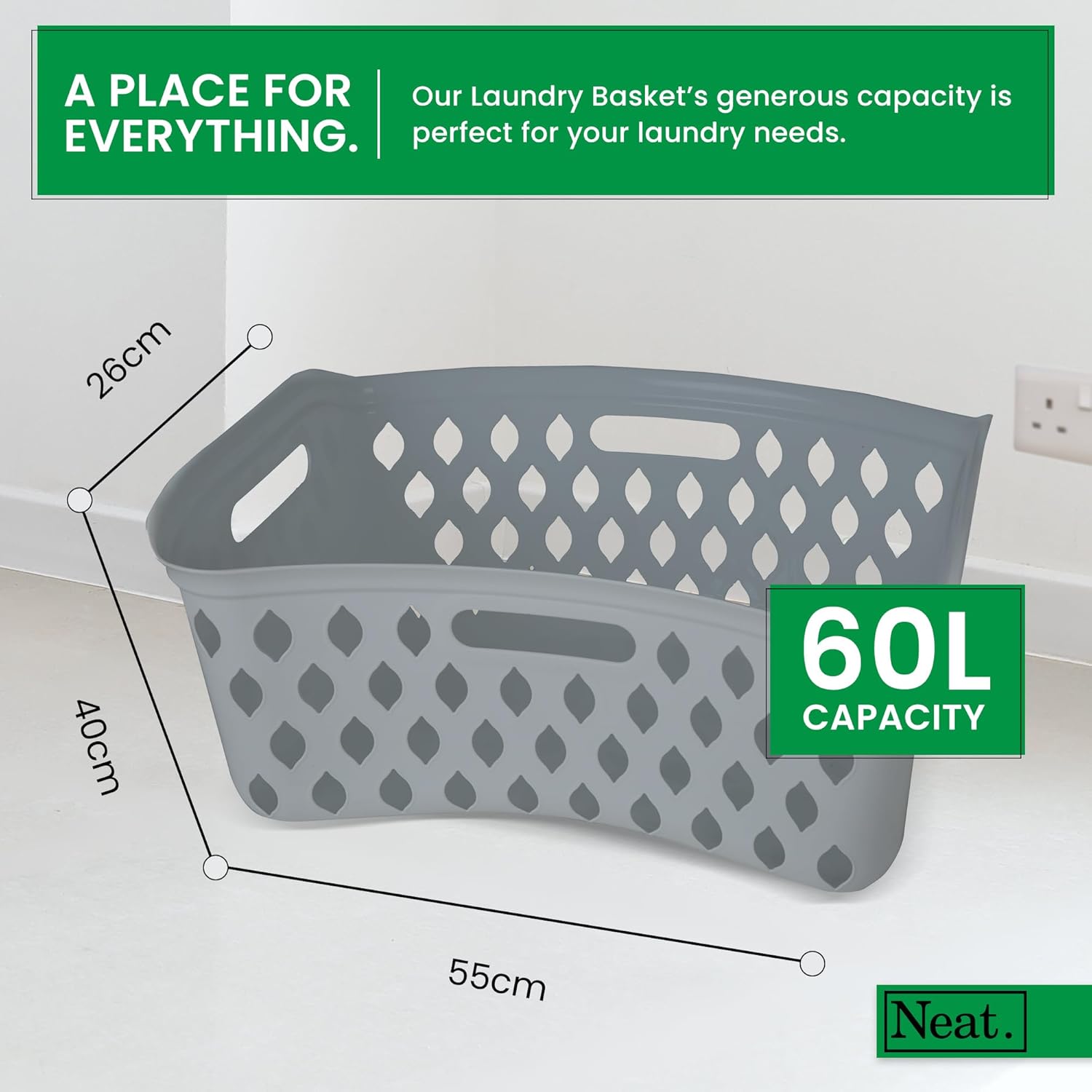 Neat. 60L Plastic Laundry Basket Hipster Design-  Grey (1Pcs)