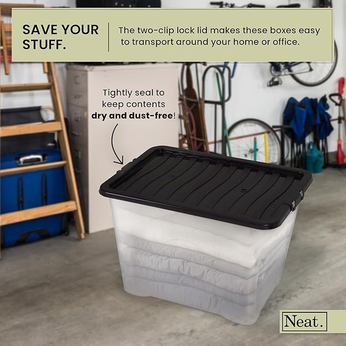 Neat. Plastic Storage Box, Clear Base, Black Lid Multiple Sizes