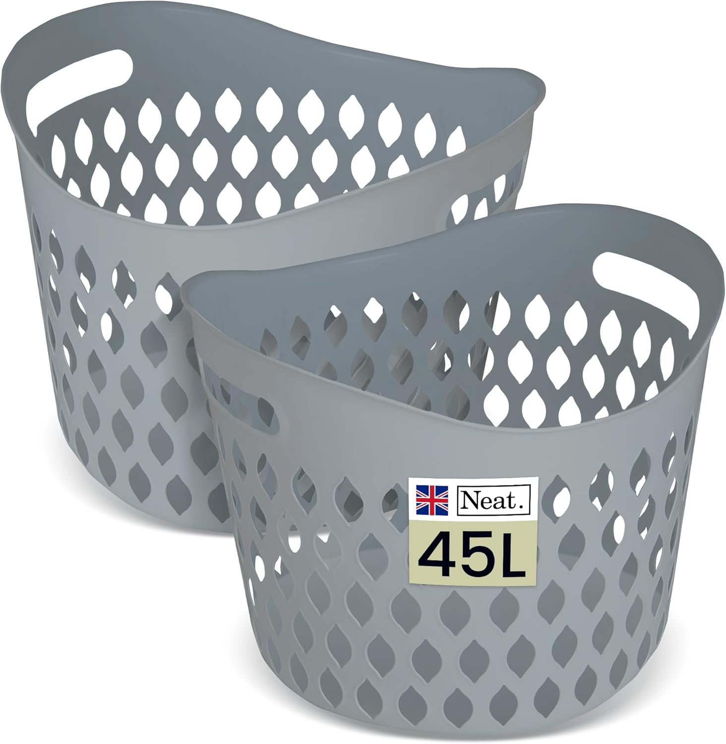 Neat. 45L Litre Plastic Round Laundry Basket For Washing Clothes Pack of 2 - High Grade Linen Storage Bin Tidy Bathroom Storage Baskets Organiser, Washing Baskets For Laundry Room, Kids Nursery (Grey)