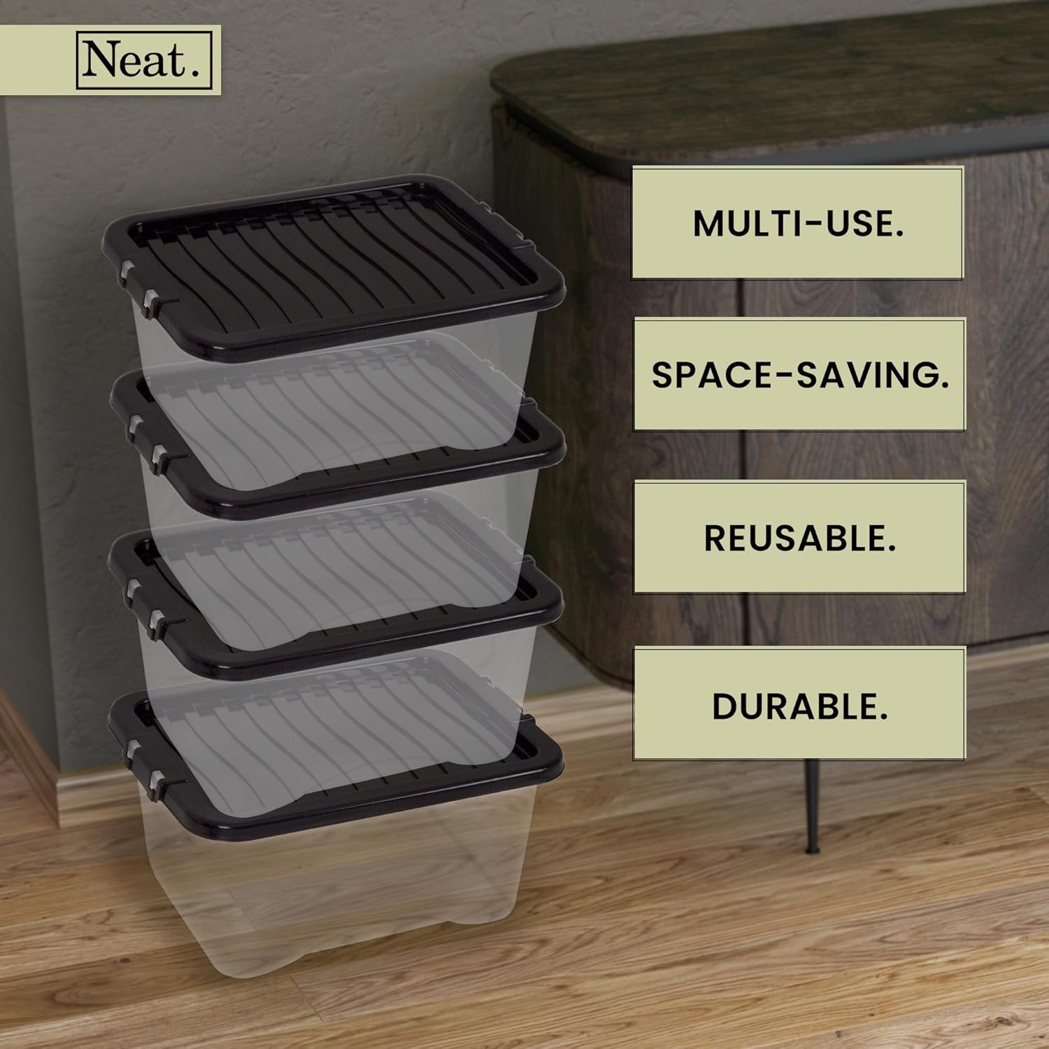 Heavy Duty Storage Box, Clear Base, Black Lid Pack of 2