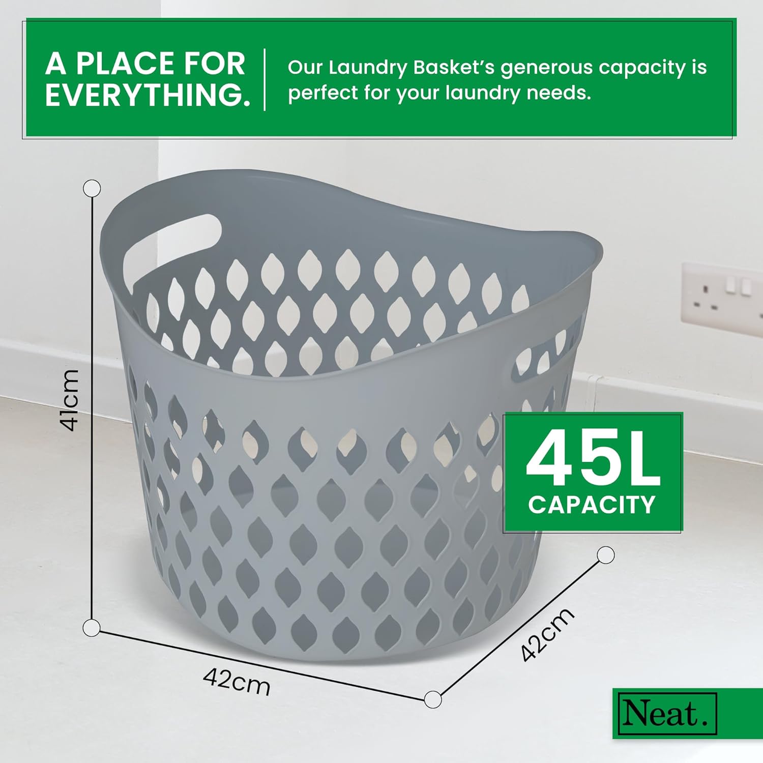 Neat. 45L Litre Plastic Round Laundry Basket For Washing Clothes Pack of 2 - High Grade Linen Storage Bin Tidy Bathroom Storage Baskets Organiser, Washing Baskets For Laundry Room, Kids Nursery (Grey)