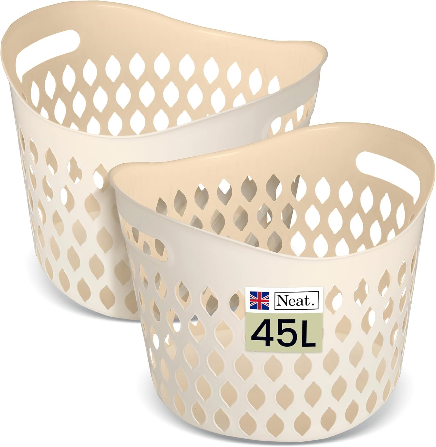 Neat. 45L Litre Plastic Round Laundry Basket For Washing Clothes Pack of 2 - High Grade Linen Storage Bin Tidy Bathroom Storage Baskets Organiser, Washing Baskets For Laundry Room, Kids Nursery (Grey)