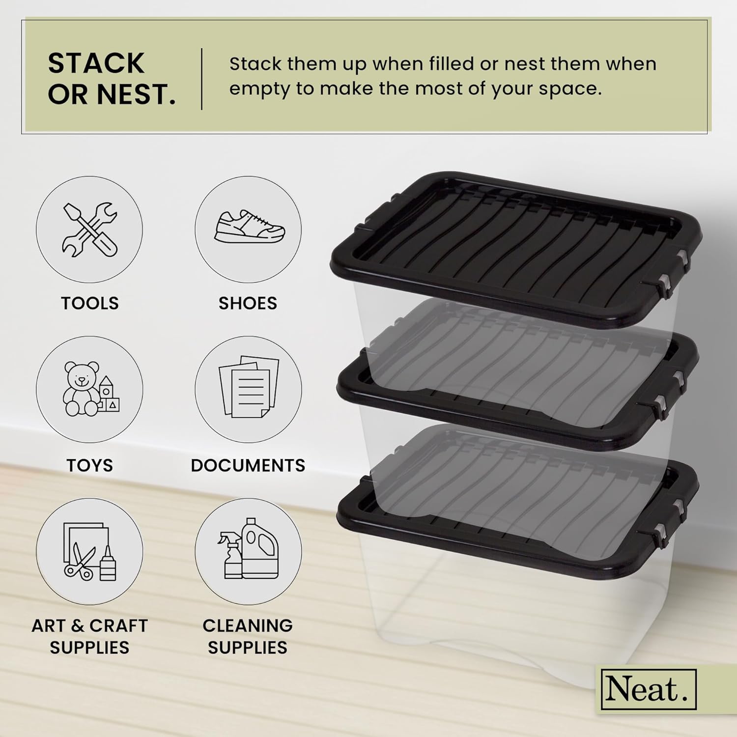 Heavy Duty Storage Box, Clear Base, Black Lid Pack of 2