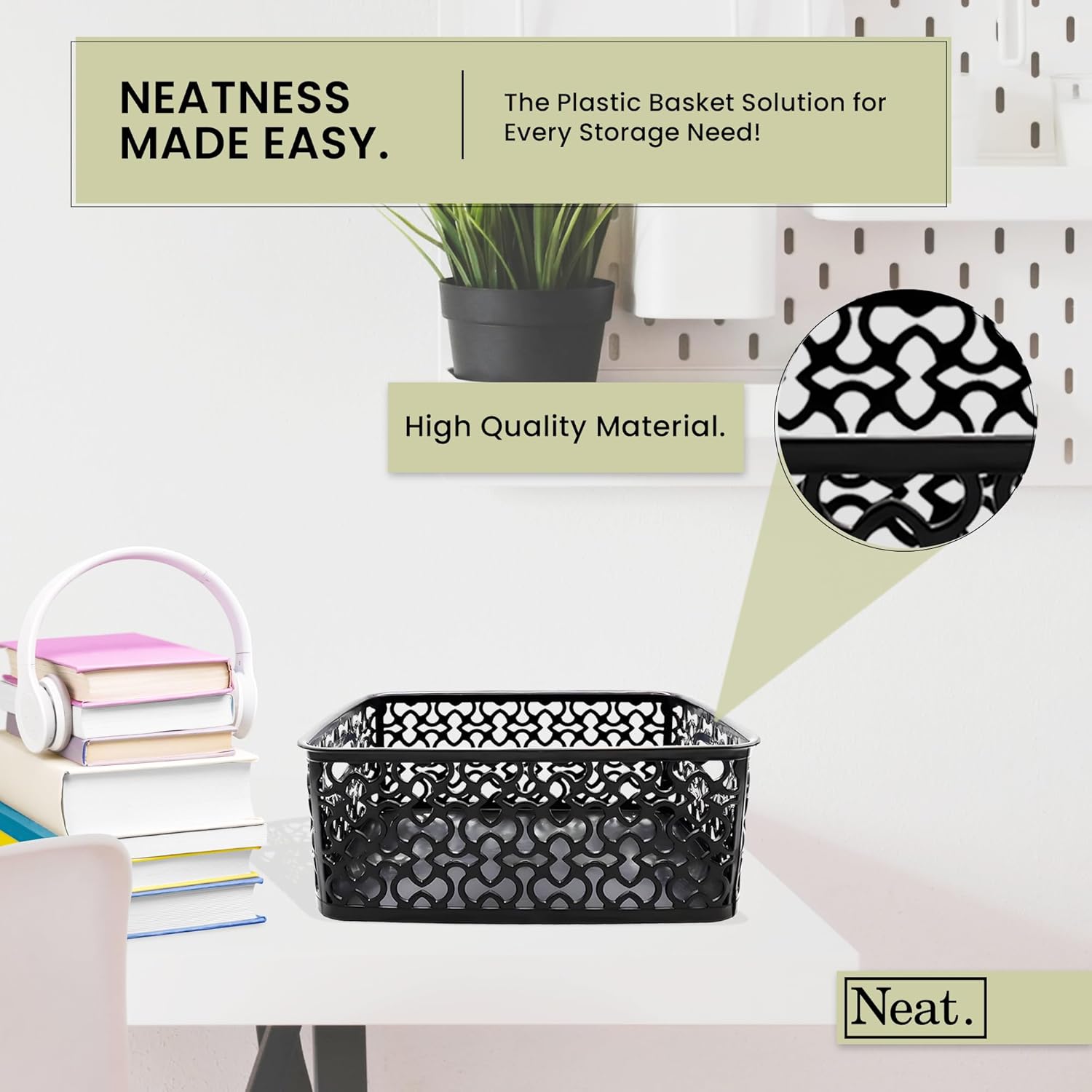 Pack of 6 Plastic Storage Baskets for Shelves - Small Handy Basket Organiser, Ideal for Home, School, Office Kitchen, Shelf-Friendly Plastic Baskets for Storage, Tidy Organising Boxes