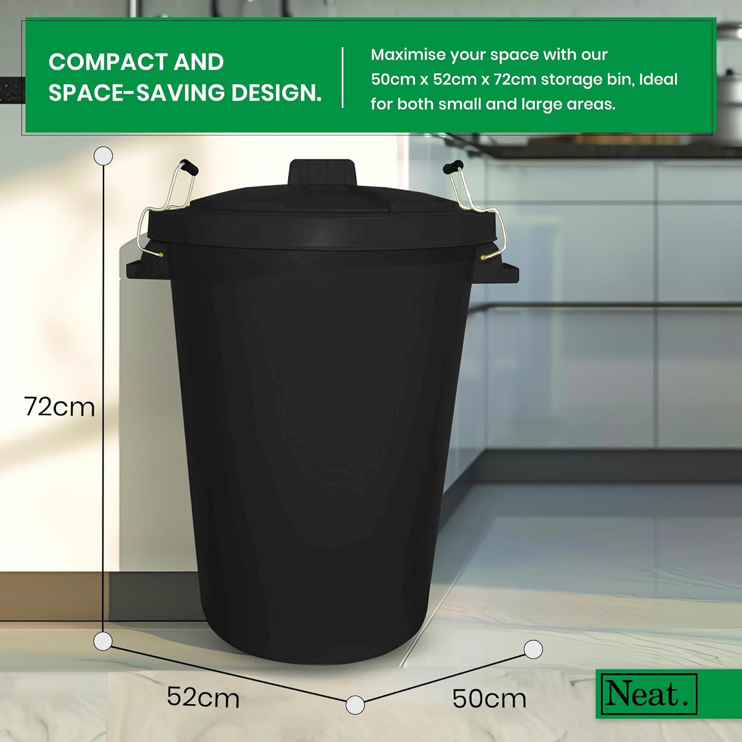 Neat. 90L Bin Coloured Large Plastic Bins, Heavy Duty Kitchen Bin with Metal Handle Dustbin