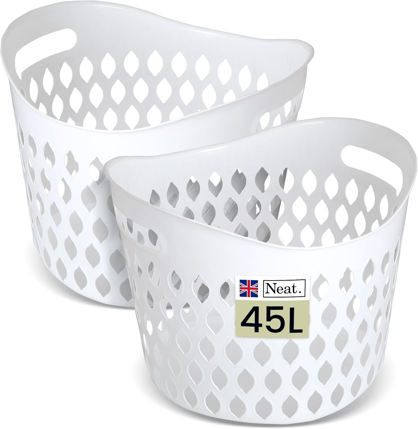 Neat. 45L Litre Plastic Round Laundry Basket For Washing Clothes Pack of 2 - High Grade Linen Storage Bin Tidy Bathroom Storage Baskets Organiser, Washing Baskets For Laundry Room, Kids Nursery (Grey)