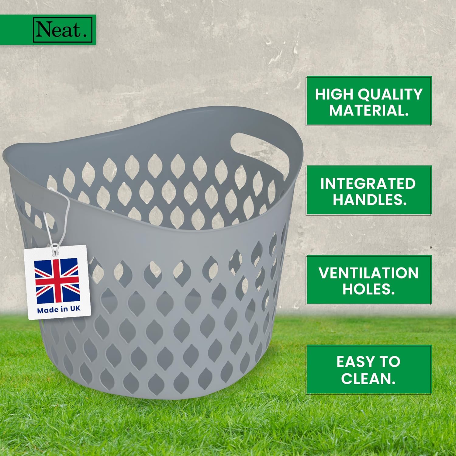 Neat. 45L Litre Plastic Round Laundry Basket For Washing Clothes Pack of 2 - High Grade Linen Storage Bin Tidy Bathroom Storage Baskets Organiser, Washing Baskets For Laundry Room, Kids Nursery (Grey)