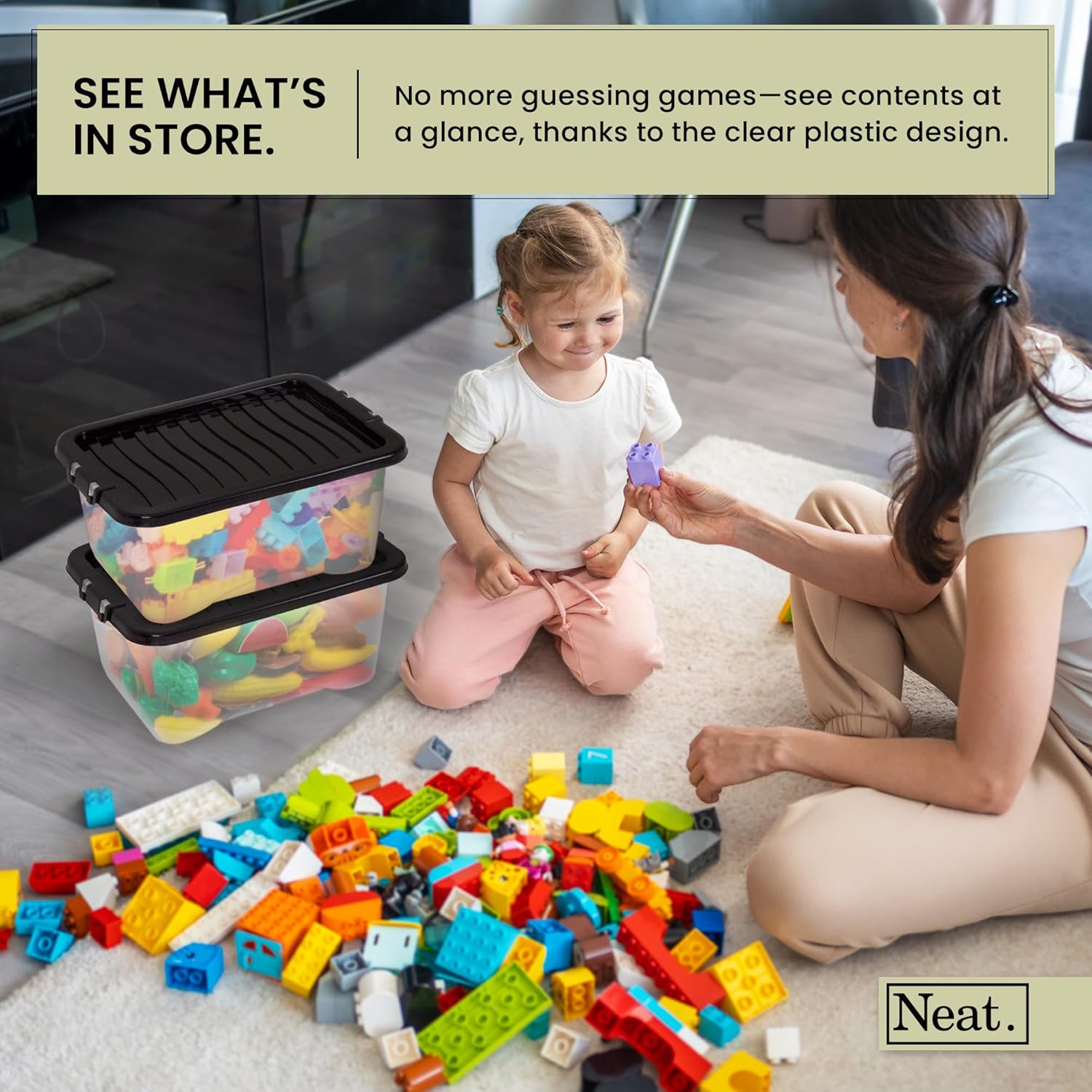 Heavy Duty Storage Box, Clear Base, Black Lid Pack of 2