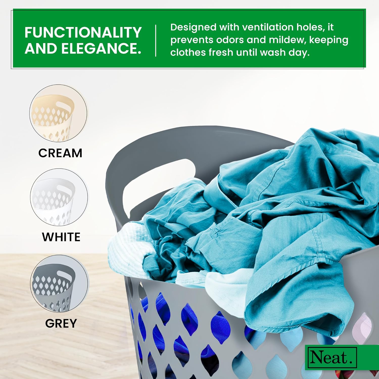 Neat. 45L Litre Plastic Round Laundry Basket For Washing Clothes Pack of 2 - High Grade Linen Storage Bin Tidy Bathroom Storage Baskets Organiser, Washing Baskets For Laundry Room, Kids Nursery (Grey)