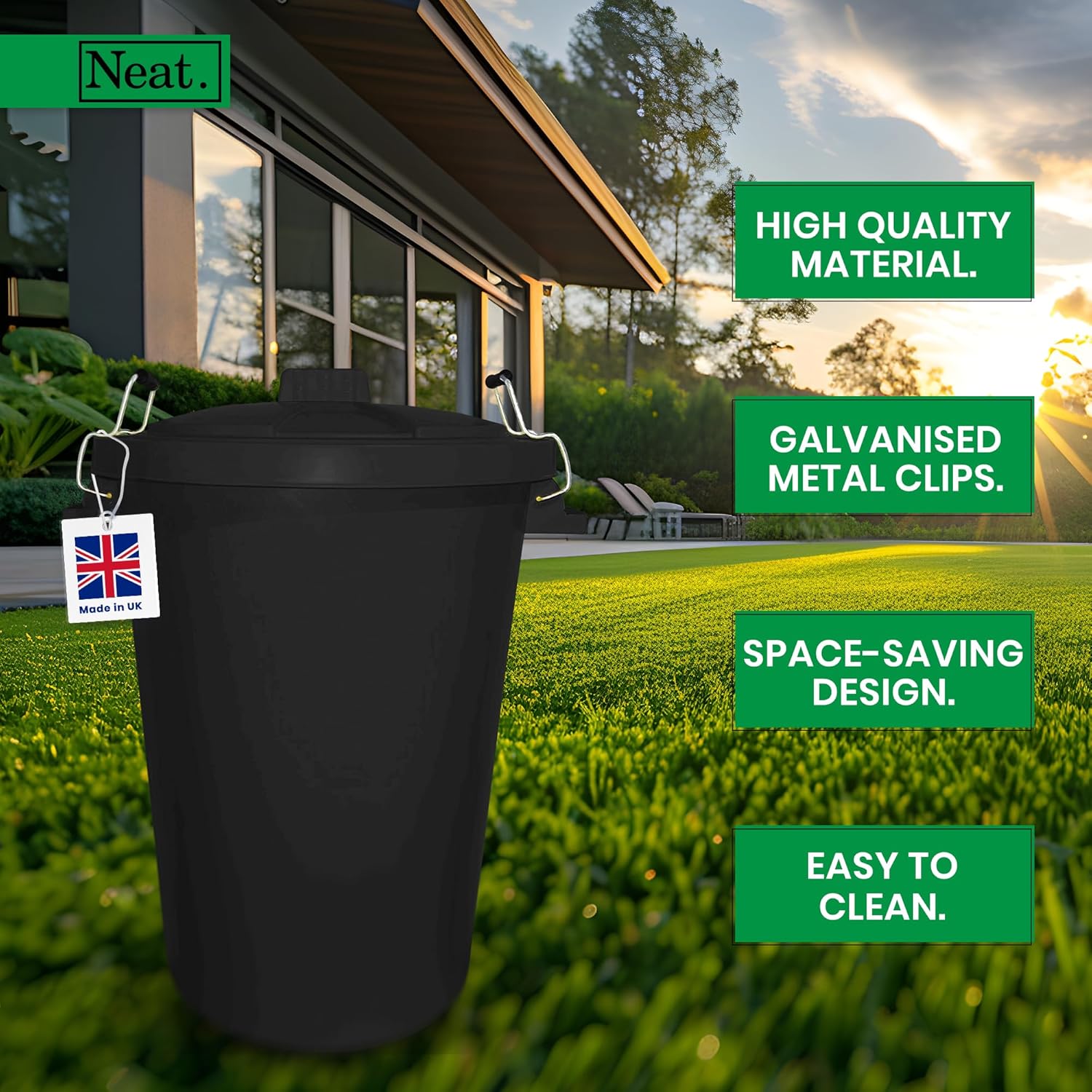 Neat. 90L Bin Coloured Large Plastic Bins, Heavy Duty Kitchen Bin with Metal Handle Dustbin