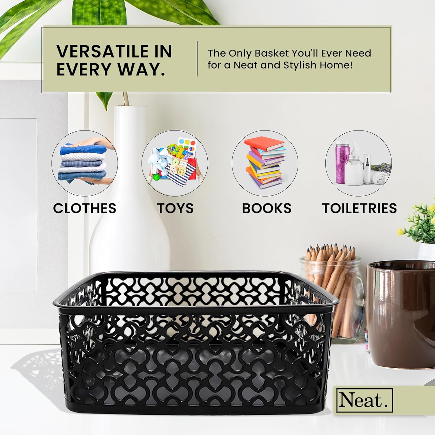 Pack of 6 Plastic Storage Baskets for Shelves - Small Handy Basket Organiser, Ideal for Home, School, Office Kitchen, Shelf-Friendly Plastic Baskets for Storage, Tidy Organising Boxes