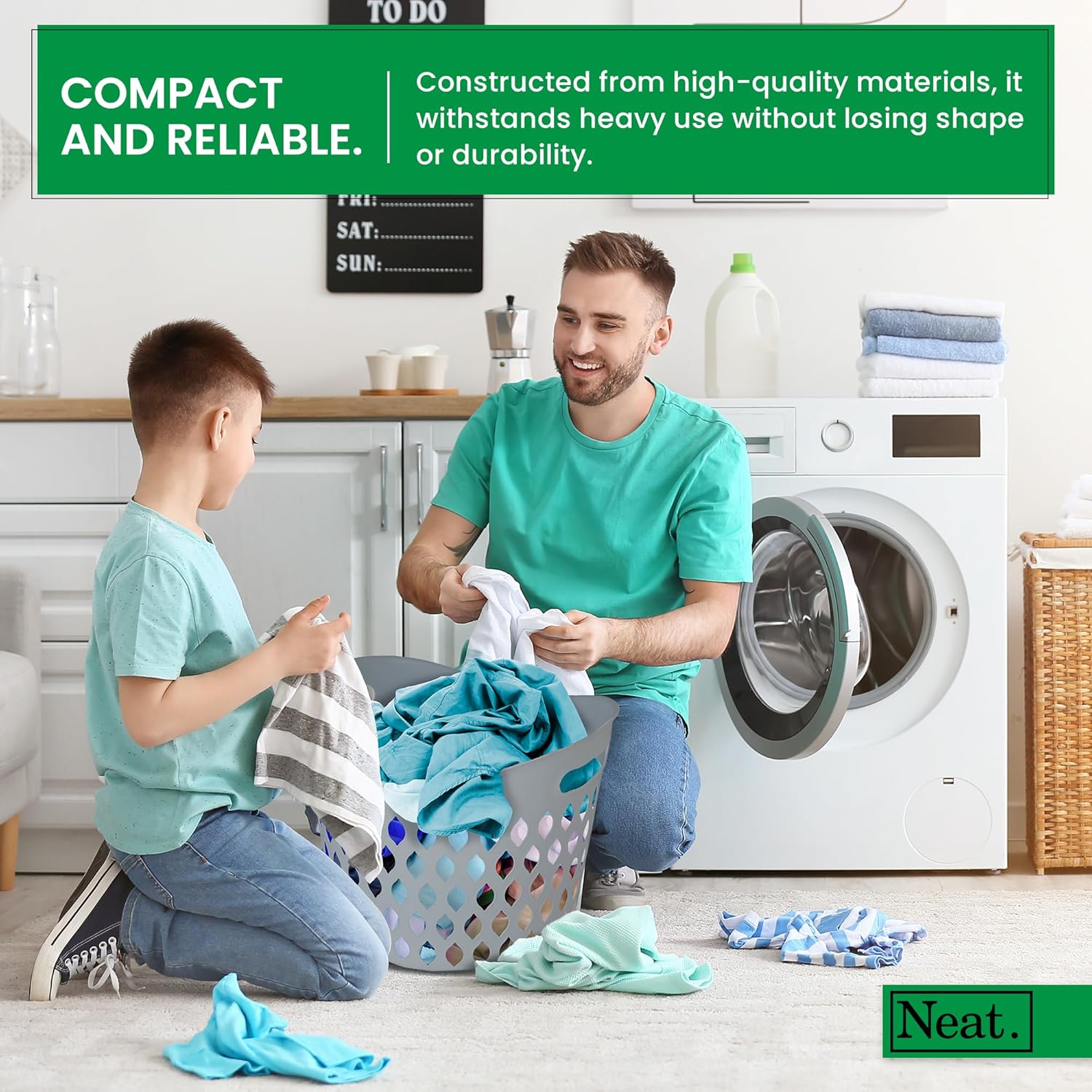Neat. 45L Litre Plastic Round Laundry Basket For Washing Clothes Pack of 2 - High Grade Linen Storage Bin Tidy Bathroom Storage Baskets Organiser, Washing Baskets For Laundry Room, Kids Nursery (Grey)