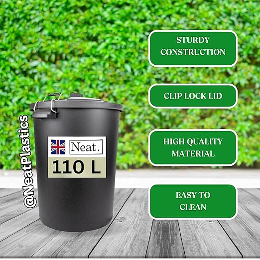 Neat. Black 110 L Plastic Dustbin, Large Heavy-Duty Dustbin