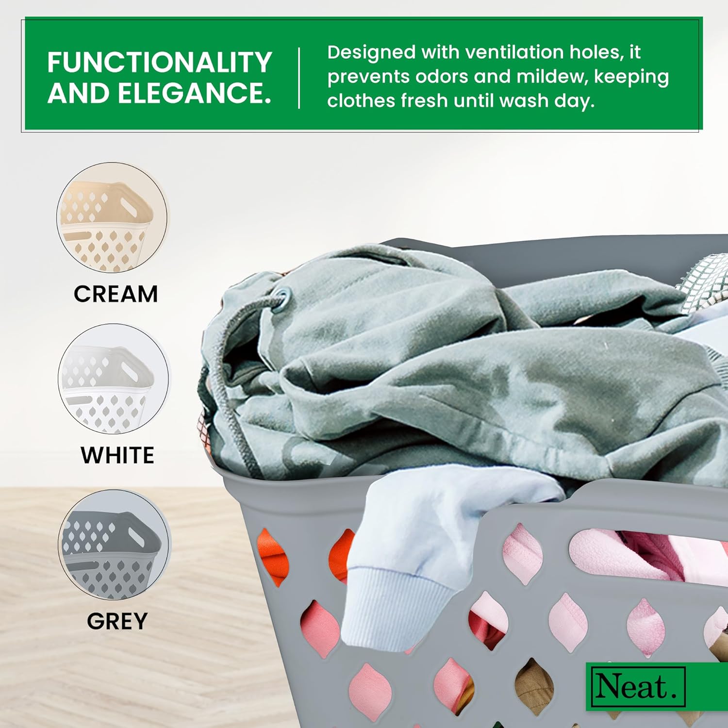 Neat. 60L Plastic Laundry Basket Hipster Design-  Grey (1Pcs)