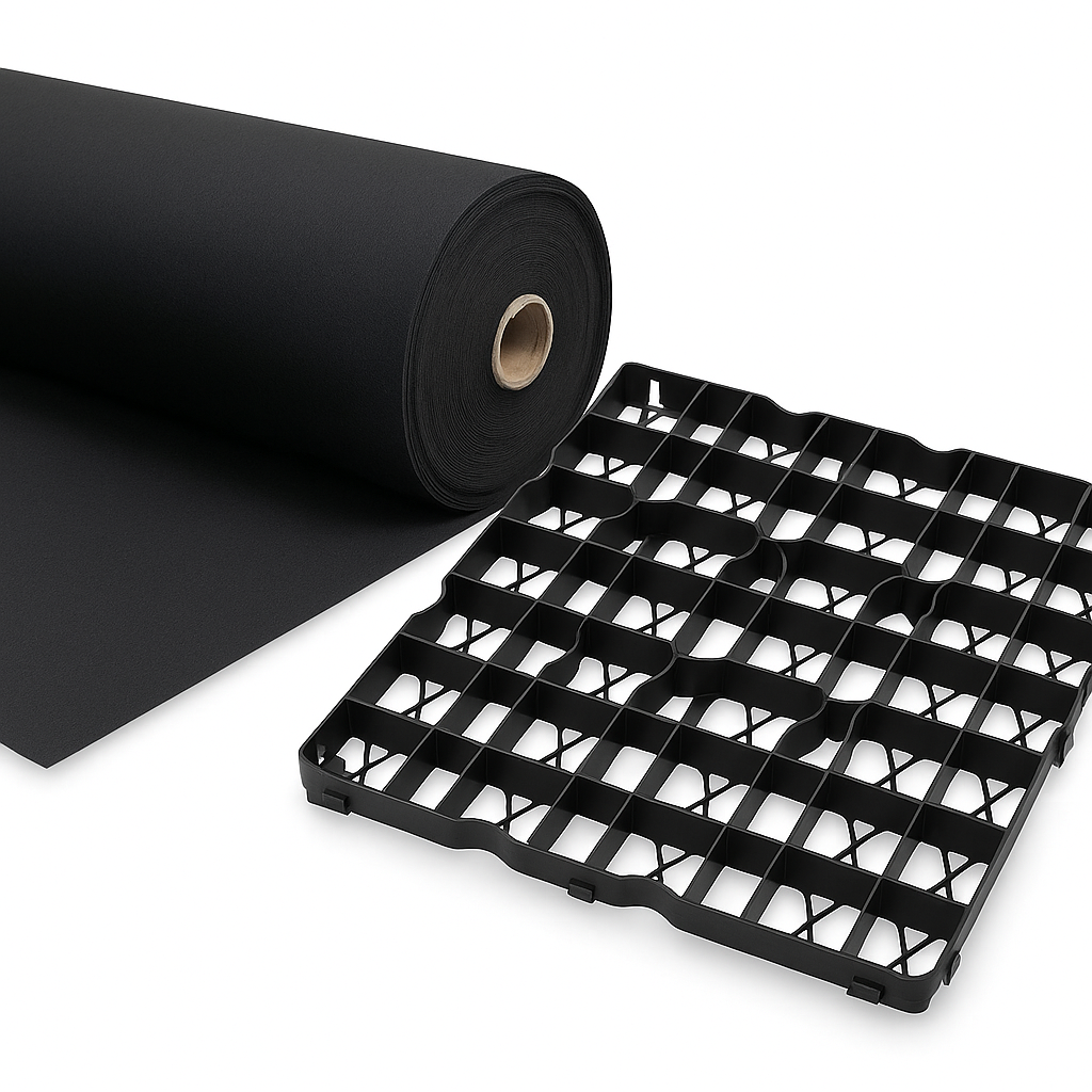 FXDM MEMBRANE INCLUDED - Gravel/Grass Grid Paver Path Base Mat FOR Greenhouse Deck Turf Lawn Shed Garden (60 Grids = 15m²), Black