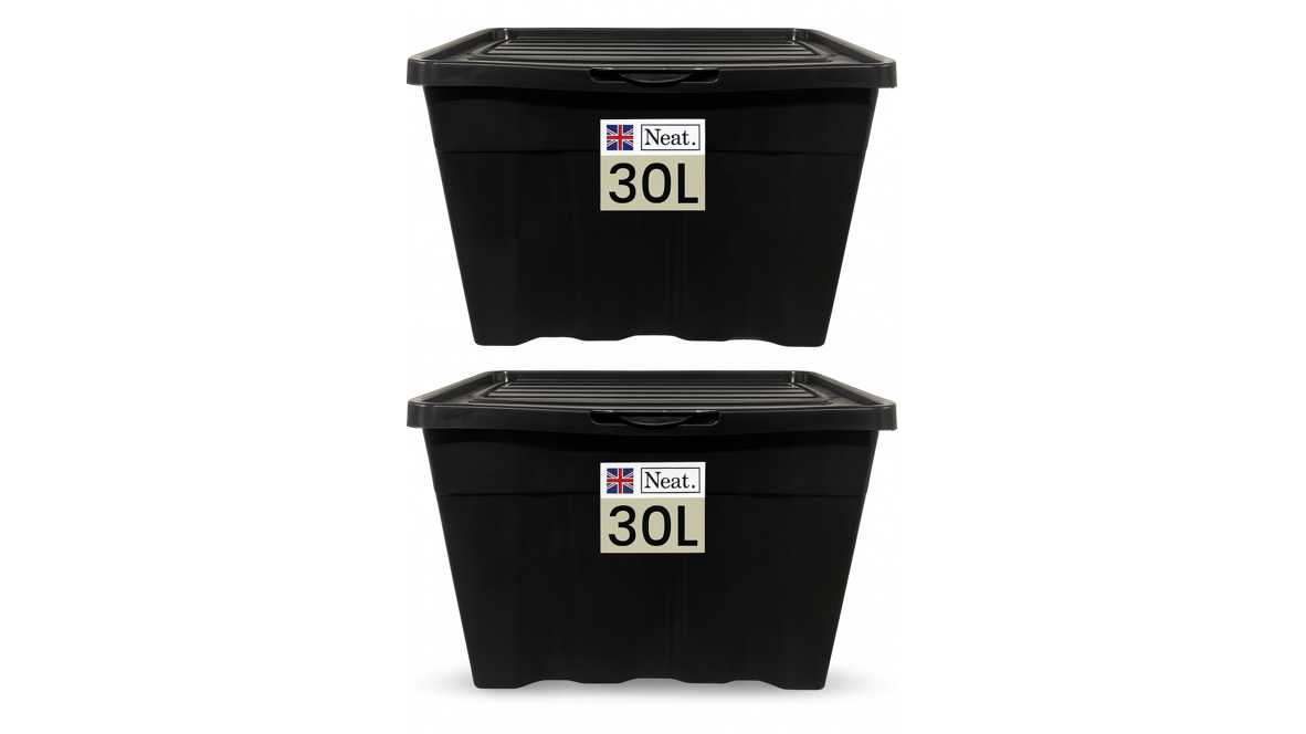Boxes Storage Solution Neat. 30L Storage Boxes with Lids - Black Base & Hinged Lid Ideal for ...