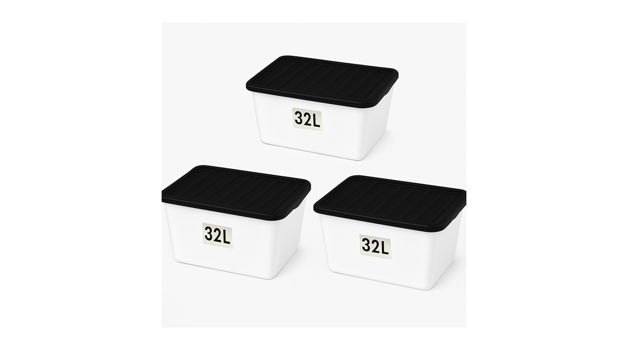 Plastic Storage Box, Clear Base, Black Lid - 32L Pack of 3