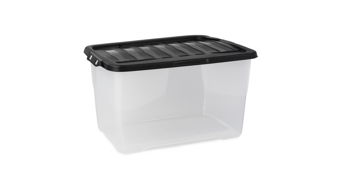 Neat. Plastics Large Plastic Storage Box With Black Clip-On Lids, Durable & Stackable Organizing Box Container For Home, Garage & Office, Single